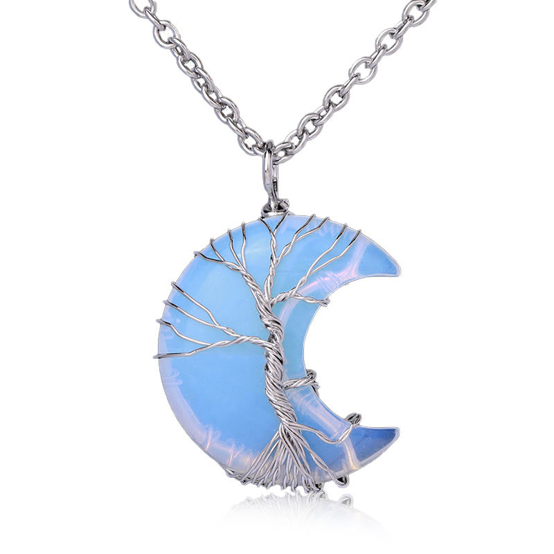 Wear FengShui Natural Quartz Crystal Moon Tree Of Life Healing Energy Necklace Pendant
