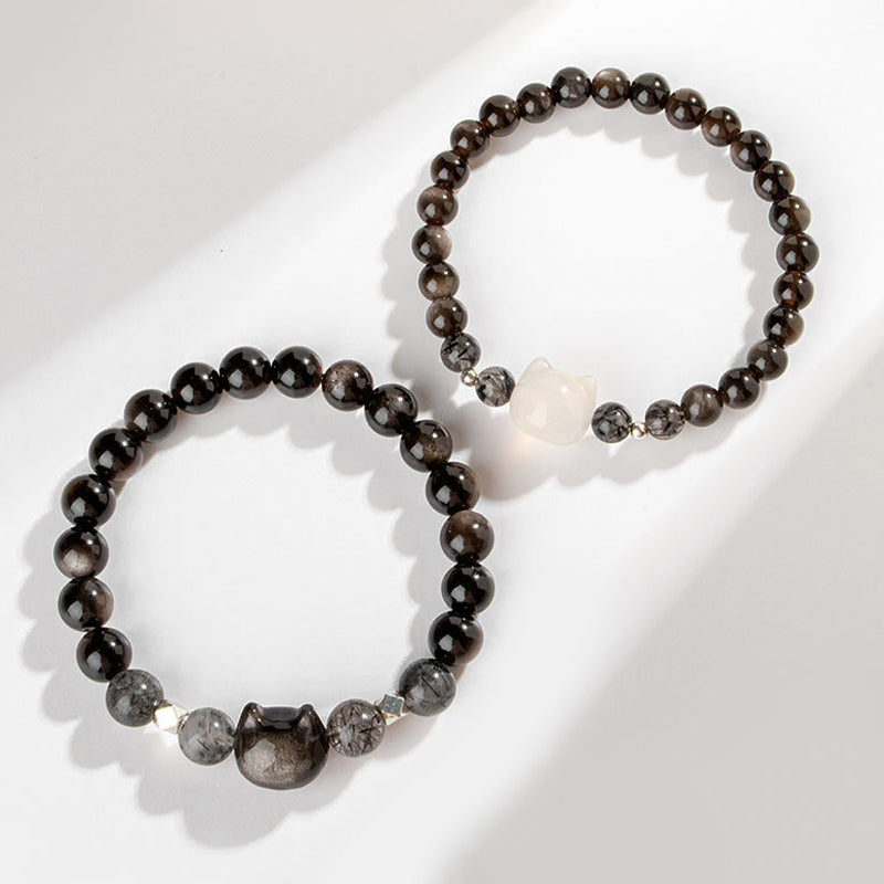 Wear FengShui Natural Silver Sheen Obsidian Cute Cat Head Protection Bracelet