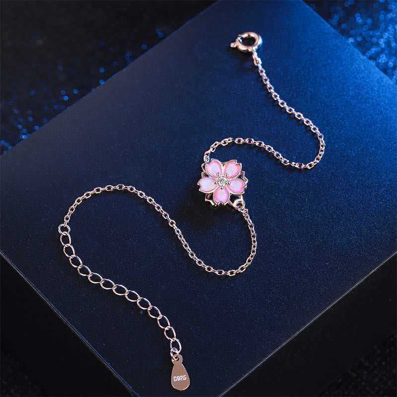 Wear FengShui 925 Sterling Silver Cherry Blossom Blessing Chain Bracelet Rotatable Ring