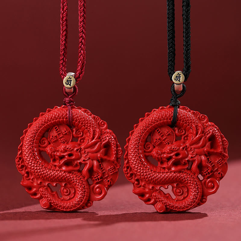 Wear FengShui Year of the Dragon 925 Sterling Silver Natural Cinnabar Copper Coin Luck Necklace Pendant