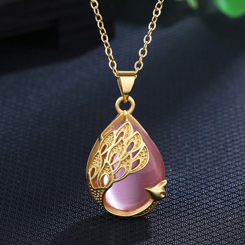 Wear FengShui Pink Crystal Green Chalcedony Peacock Copper Soothing Love Necklace Pendant