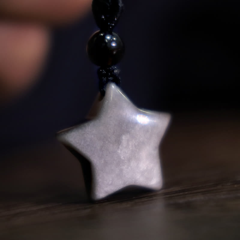 Wear FengShui Natural Silver Sheen Obsidian Star Crescent Moon Protection Necklace Pendant