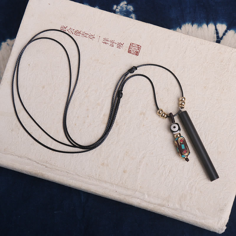 Wear FengShui Tibetan Ebony Wood Dzi Bead Peace Calm Necklace Pendant