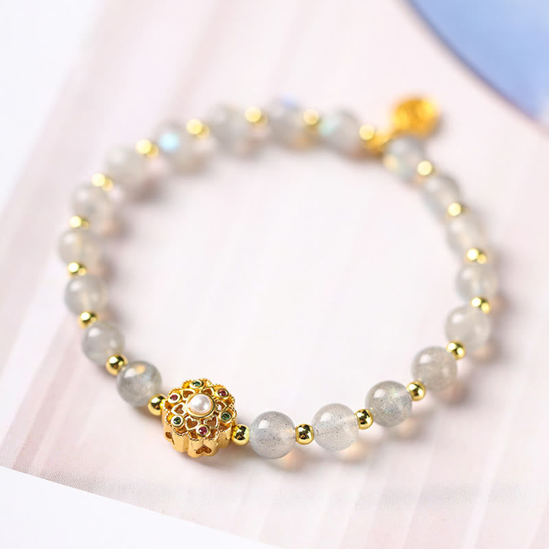 Wear FengShui 14K Gold Plated Natural Strawberry Quartz Labradorite Sun Stone Fu Character Positive Charm Bracelet