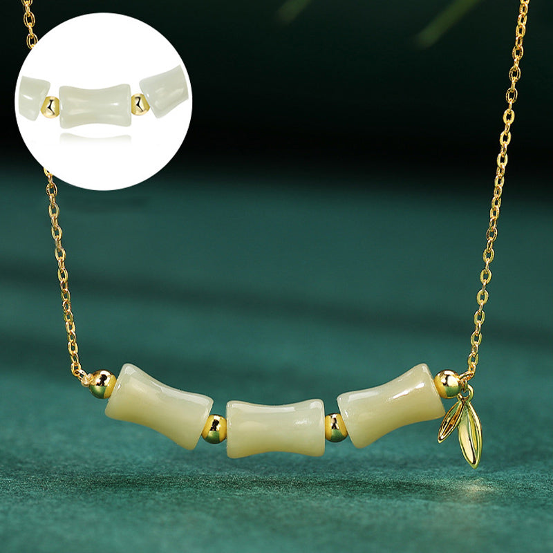 Wear FengShui 925 Sterling Silver Hetian Jade Bamboo Fu Character Prosperity Necklace Pendant Bracelet
