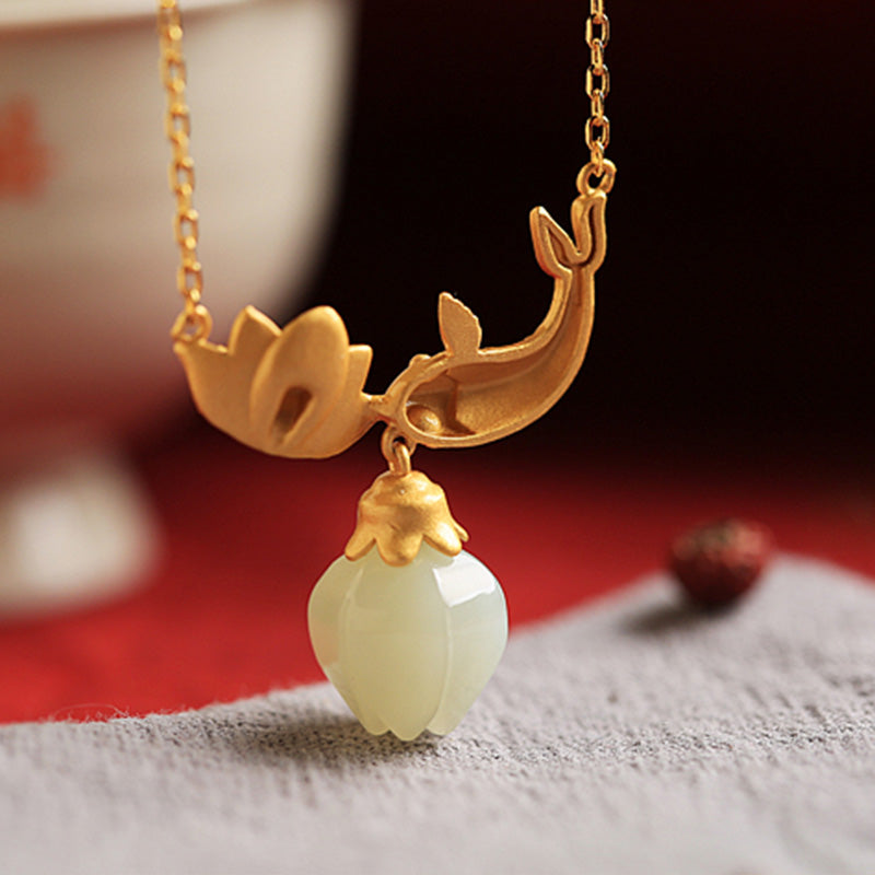Wear FengShui White Jade Koi Fish Lotus Copper Protection Necklace Pendant