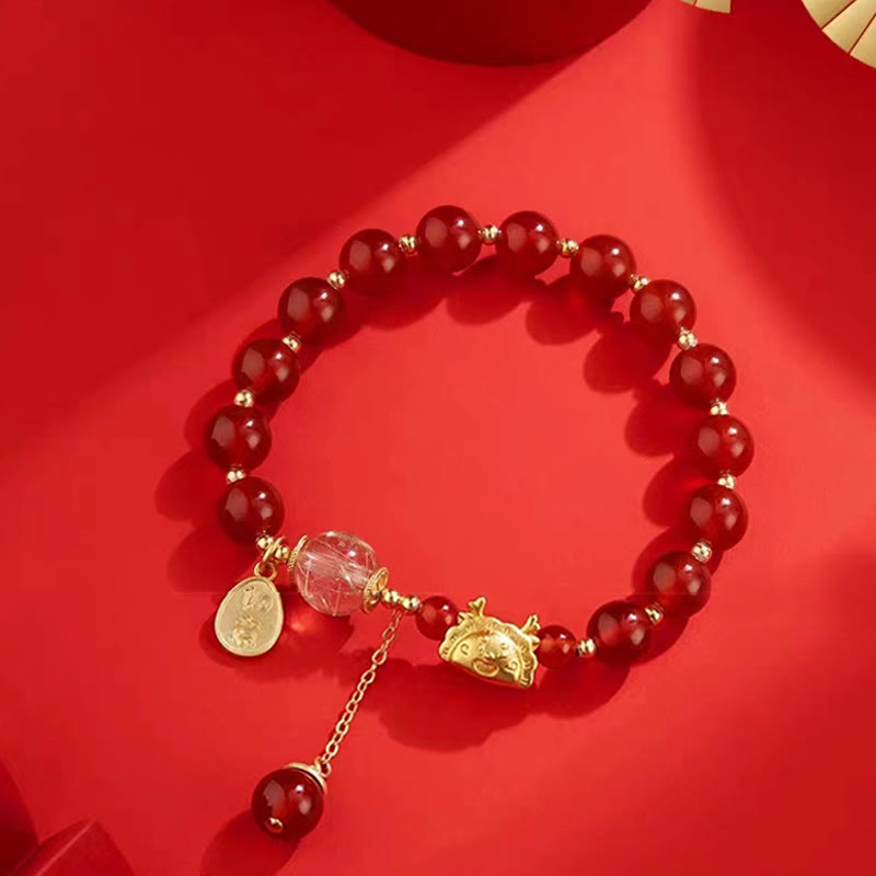 Wear FengShui Year of the Dragon Dumpling Natural Red Agate Garnet Hetian Jade Fu Character Luck Success Bracelet
