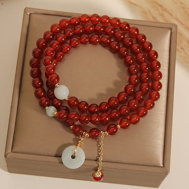 Wear FengShui Natural Red Agate Jade Peace Buckle Calm Triple Wrap Bracelet