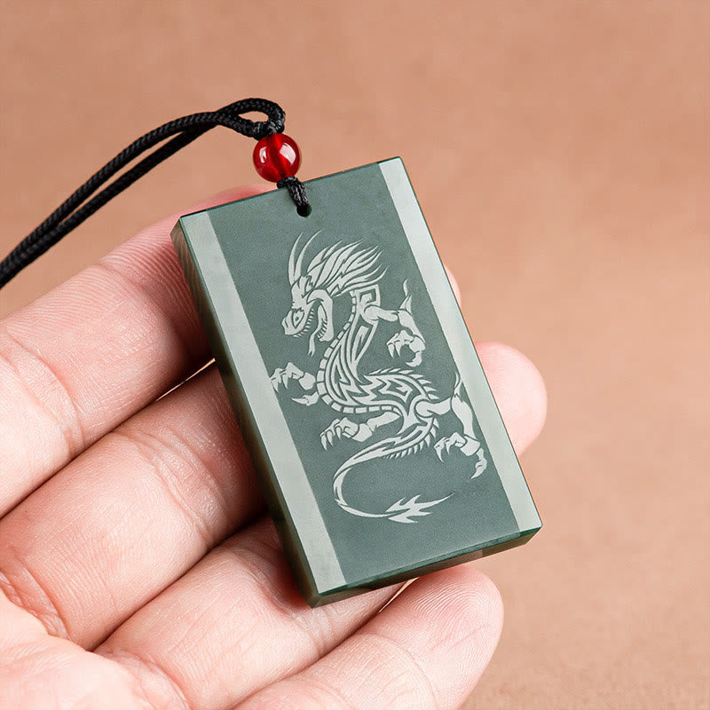 Wear FengShui Hetian Cyan Jade Dragon Engraved Success Necklace Pendant