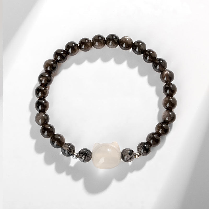 Wear FengShui Natural Silver Sheen Obsidian Cute Cat Head Protection Bracelet