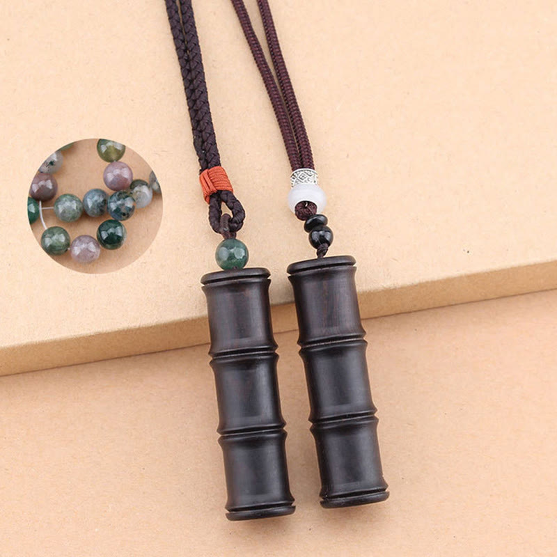 Wear FengShui Ebony Wood Bamboo Pattern Ghau Prayer Box Peace Necklace Pendant