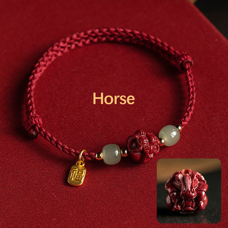 Wear FengShui Natural Cinnabar Chinese Zodiac Hetian Jade Fu Character Luck Rope Bracelet