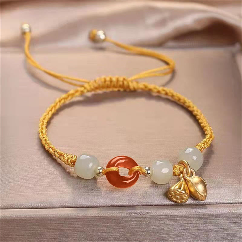 Wear FengShui Red Agate Peace Buckle Jade Lotus Healing Braided Bracelet