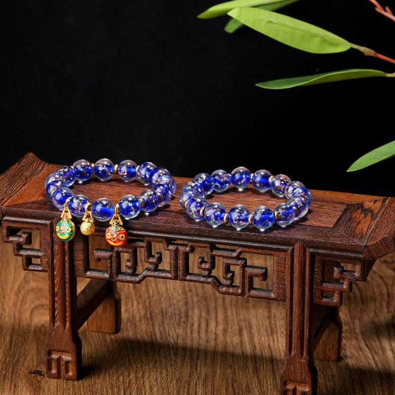 Wear FengShui Gold Swallowing Beast Family Charm Luminous Fluorescent Liuli Glass Bead Success Bracelet