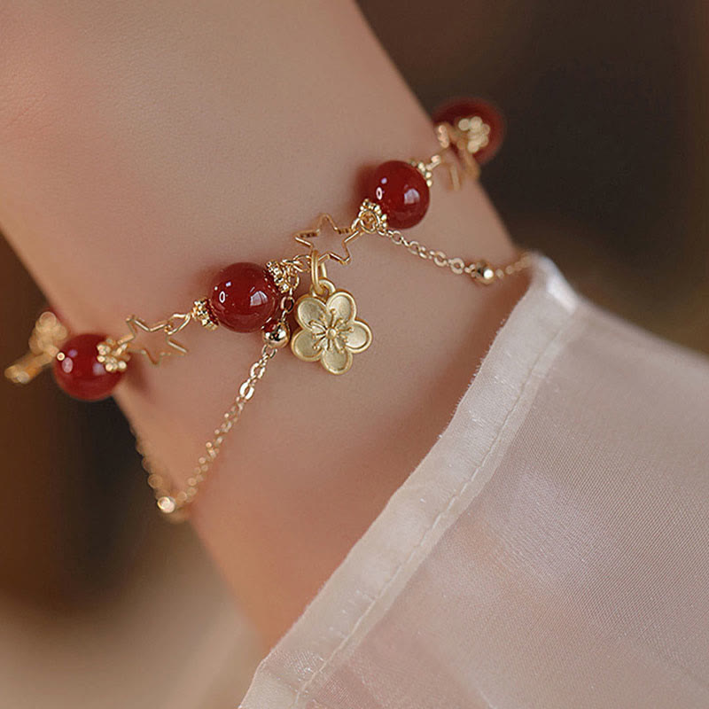 Wear FengShui 14k Gold Plated Red Agate Star Flower Charm Calm Bracelet