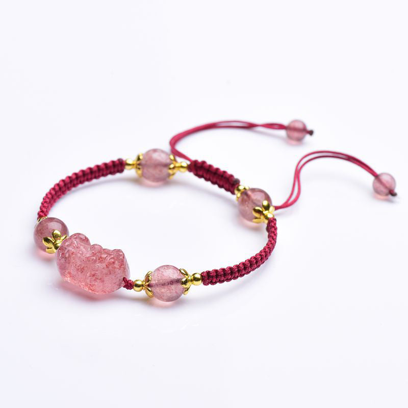 Wear FengShui Natural Strawberry Crystal Pixiu Charm Lucky Red String Bracelet
