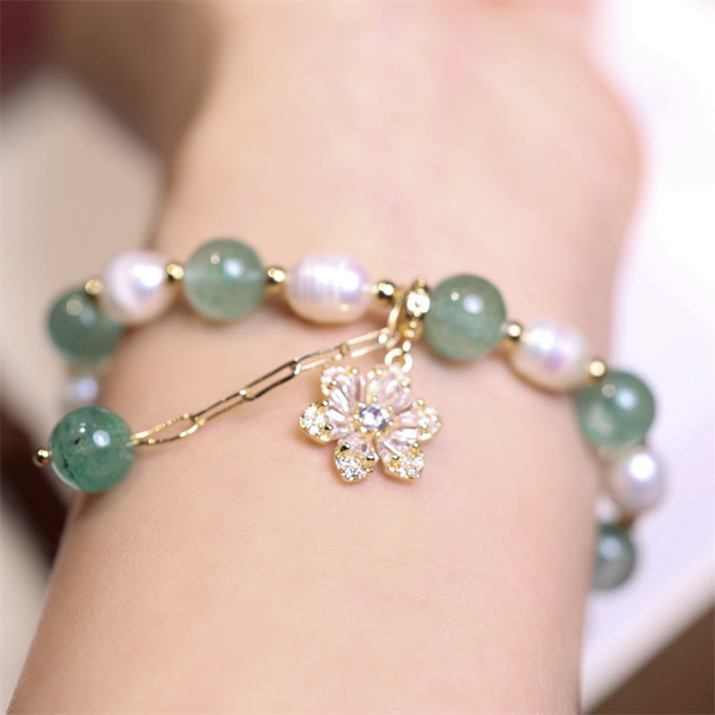 Wear FengShui Natural Green Strawberry Quartz Pearl Flower Charm Love Bracelet