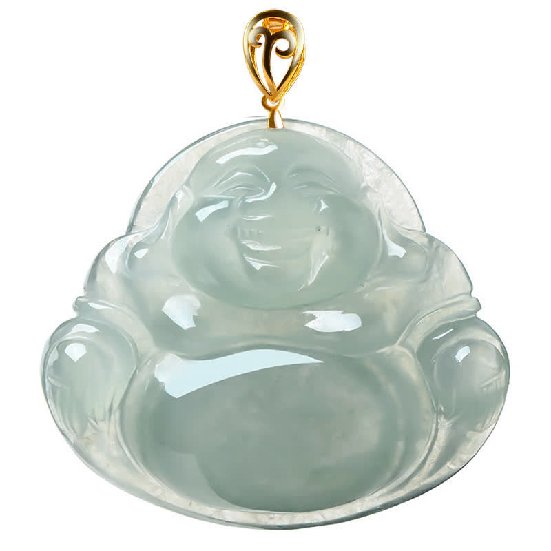 Wear FengShui Laughing Buddha Natural Jade Abundance Titanium Steel Chain Necklace Pendant