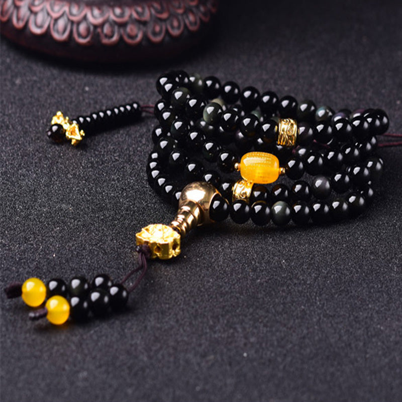 Wear FengShui 108 Beads Natural Black Obsidian Lotus Fulfilment Mala Bracelet