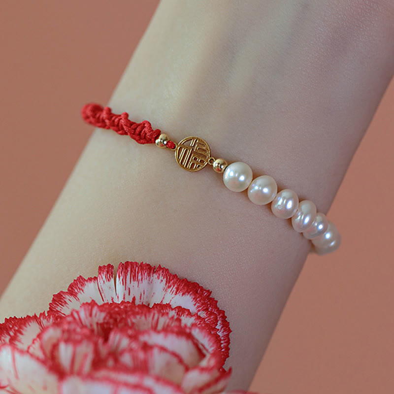 Wear FengShui 14K Gold Plated Pearl Bead Luck Protection Braid Red String Bracelet