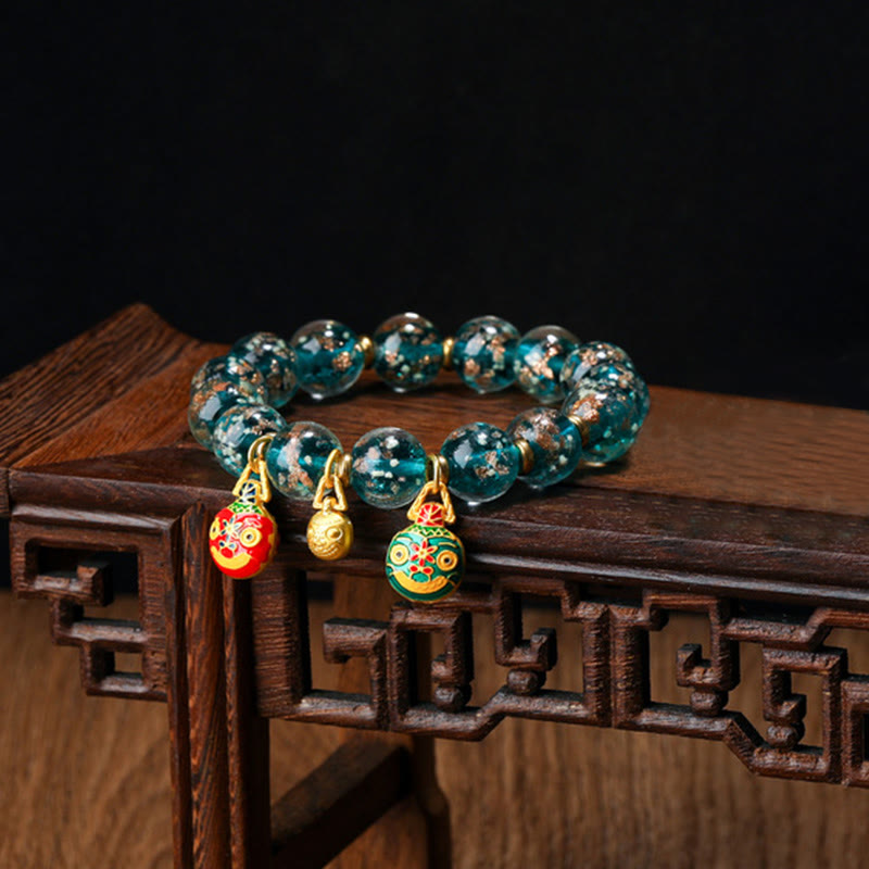 Wear FengShui Gold Swallowing Beast Family Charm Luminous Fluorescent Liuli Glass Bead Success Bracelet