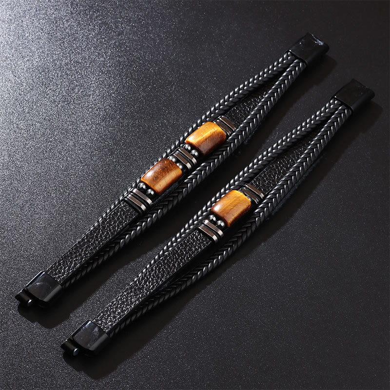 Wear FengShui Tiger Eye Power Magnetic Buckle Multilayered Leather Bracelet