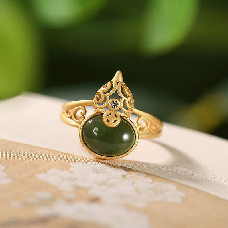 Wear FengShui Gourd Cyan Jade Copper Coin Success Luck Adjustable Ring