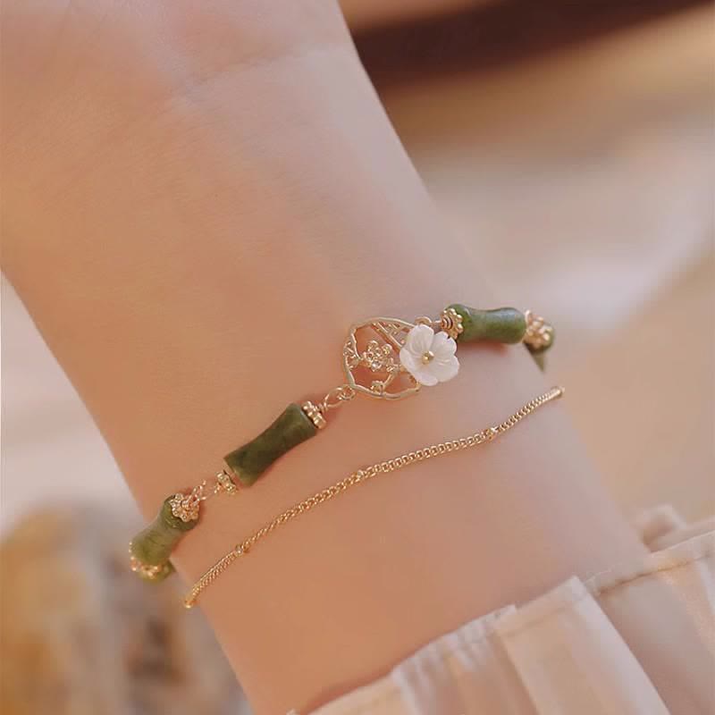 Wear FengShui 14k Gold Plated Copper Peridot Bamboo Flower Wealth Double Layer Bracelet