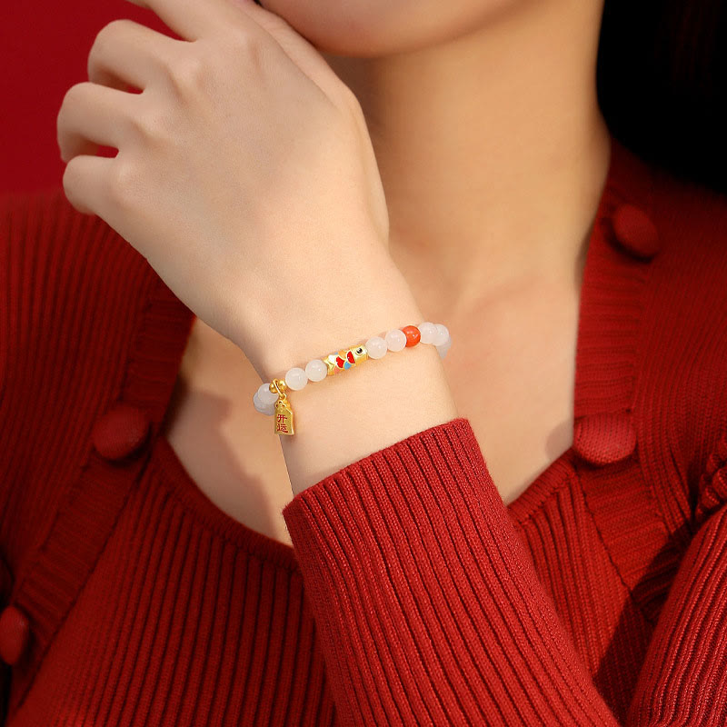 Wear FengShui 925 Sterling Silver Hetian White Jade Red Agate Koi Fish Luck Happiness Bracelet