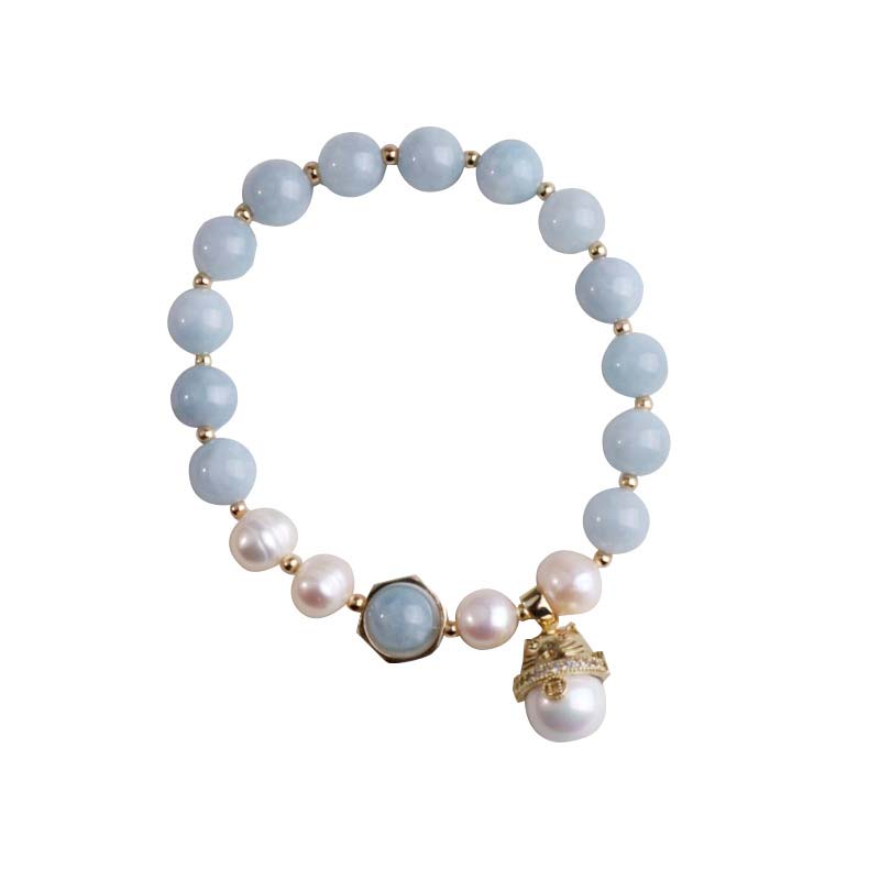 Wear FengShui Aquamarine Pearl Peace Healing Lucky Cat Charm Bracelet