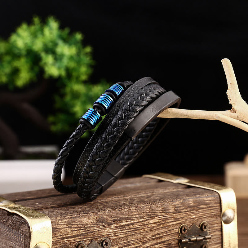 Wear FengShui Leather Multi-Layer Titanium Steel Balance Braided Magnetic Buckle Bracelet