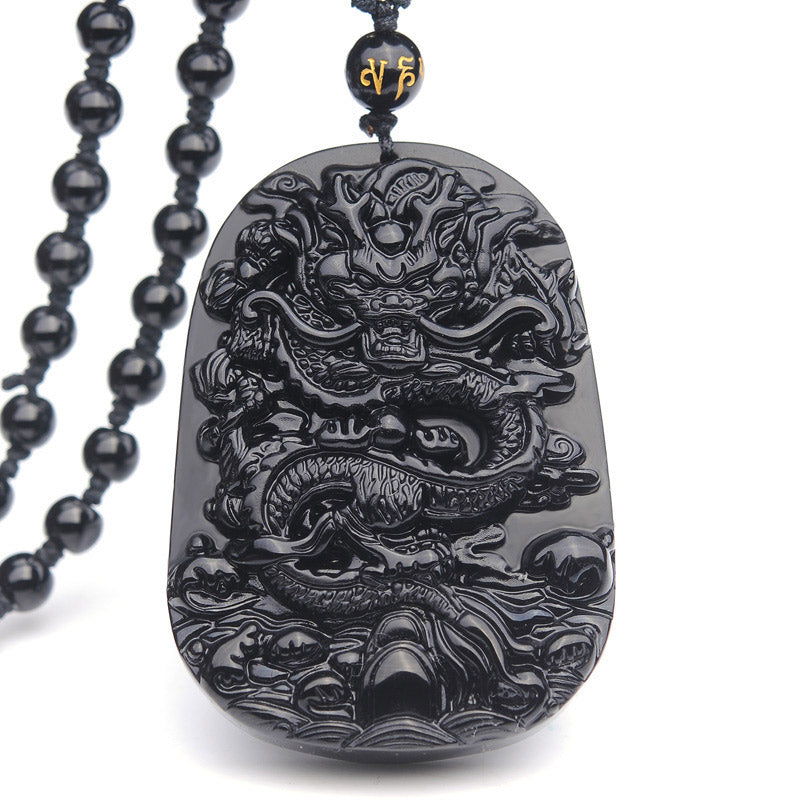 Wear FengShui Black Obsidian Stone Dragon Fulfilment Pendant Necklace