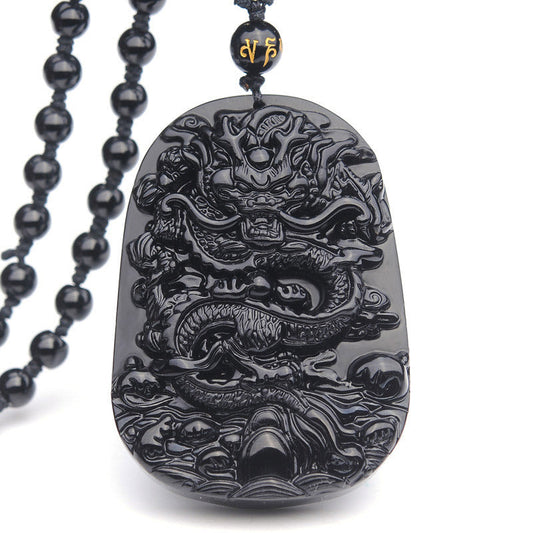 Wear FengShui Black Obsidian Stone Dragon Fulfilment Pendant Necklace