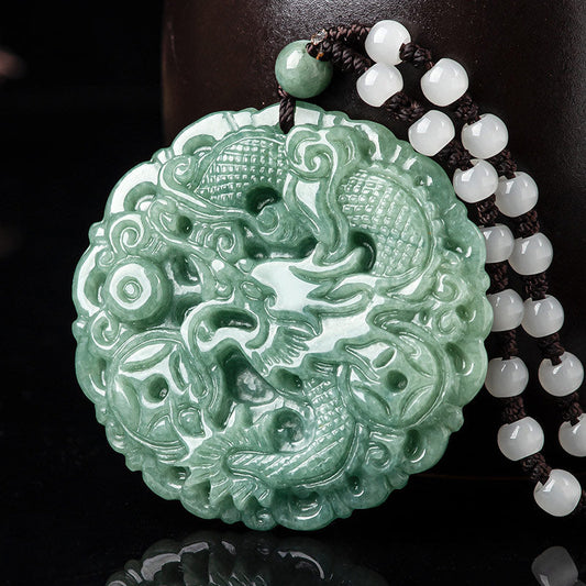 Wear FengShui Chinese Zodiac Dragon Jade Fortune Necklace String Pendant