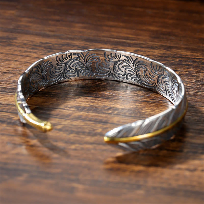 Wear FengShui Feather Pattern Carved Luck Wealth Cuff Bracelet Bangle