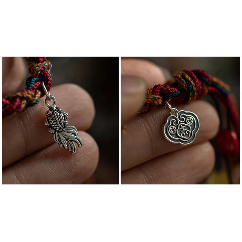 Wear FengShui Tibetan Handmade Colorful Thread 925 Sterling Silver Koi Fish Protection Strength String Bracelet