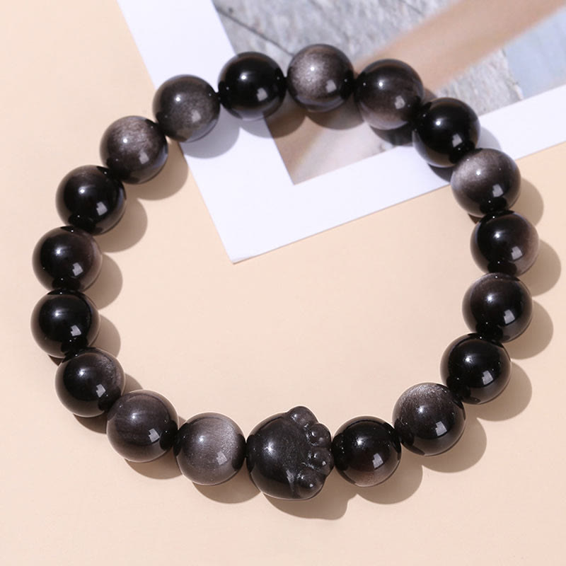 Wear FengShui Natural Gold Sheen Obsidian Silver Sheen Obsidian Cute Cat Paw Claw Wealth Bracelet