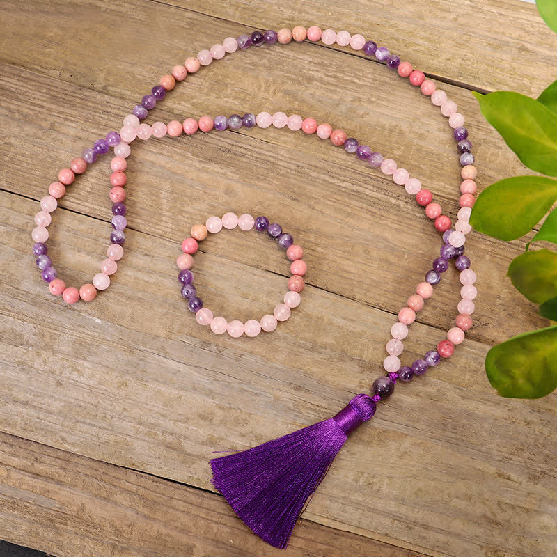 Wear FengShui 108 Mala Beads Amethyst Rose Quartz Spiritual Healing Tassel Bracelet