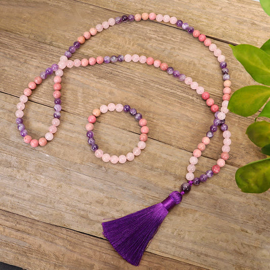 Wear FengShui 108 Mala Beads Amethyst Rose Quartz Spiritual Healing Tassel Bracelet