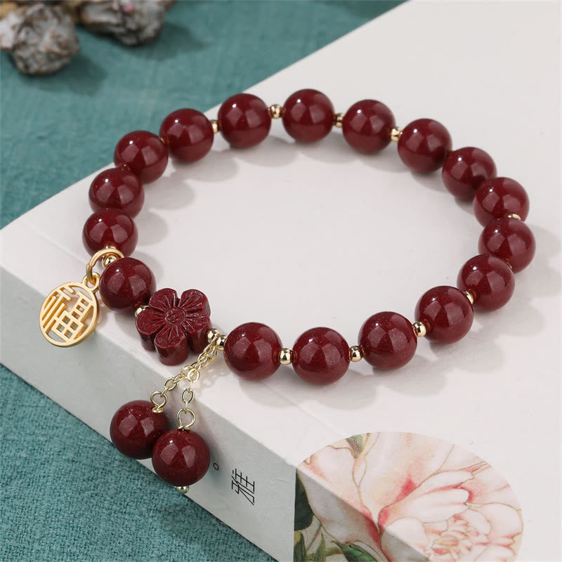 Wear FengShui Cinnabar Fu Character Cherry Blossom Blessing Bracelet