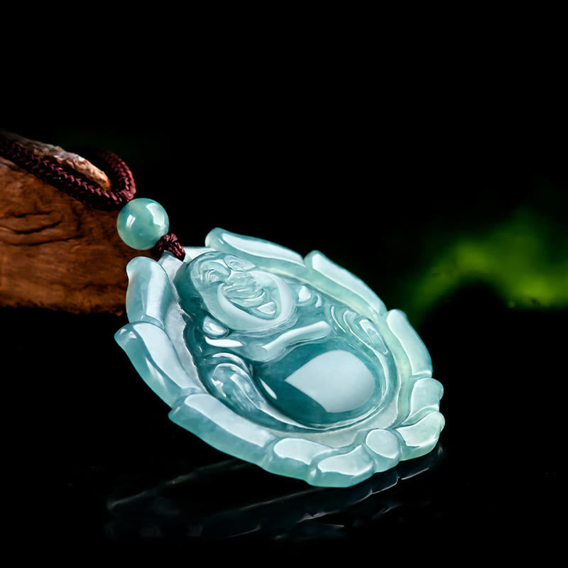 Wear FengShui Natural Jade Laughing Buddha Lotus Pattern Luck Necklace Pendant