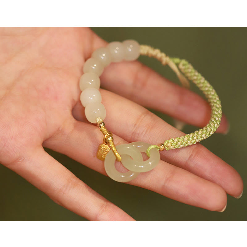 Wear FengShui Natural Hetian Jade Bead Double Peace Buckle Fu Character Abundance Braided Bracelet
