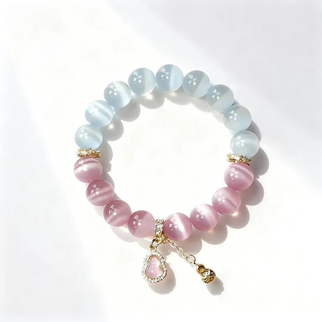 White & Pink Cat Eye Crystal Bracelet with Gourd Charm – Personalized Handmade Energy Beads