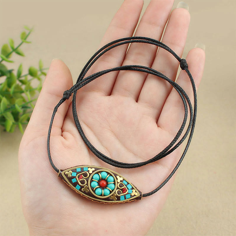 Wear FengShui Tibet Turquoise Bead Marquise Pattern Protection Strength Necklace Pendant