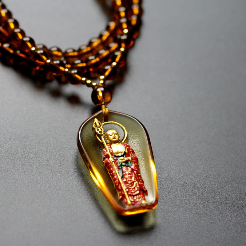 Wear FengShui Ksitigarbha Buddha Liuli Crystal Compassion Amulet Necklace Pendant