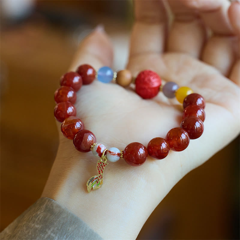 Wear FengShui Natural Red Agate Peace Talisman Fu Character Dragon Tail Confidence Charm Bracelet