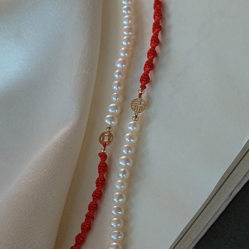 Wear FengShui 14K Gold Plated Pearl Bead Luck Protection Braid Red String Bracelet