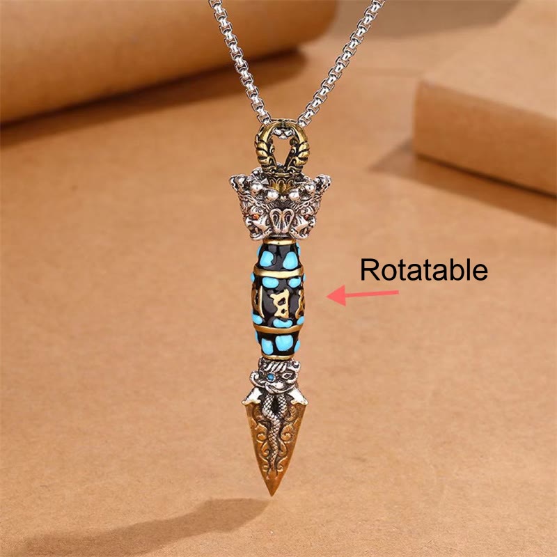 Wear FengShui Tibet Om Mani Padme Hum Dzi Bead Dorje Vajra Pattern Wealth Rotatable Necklace Pendant