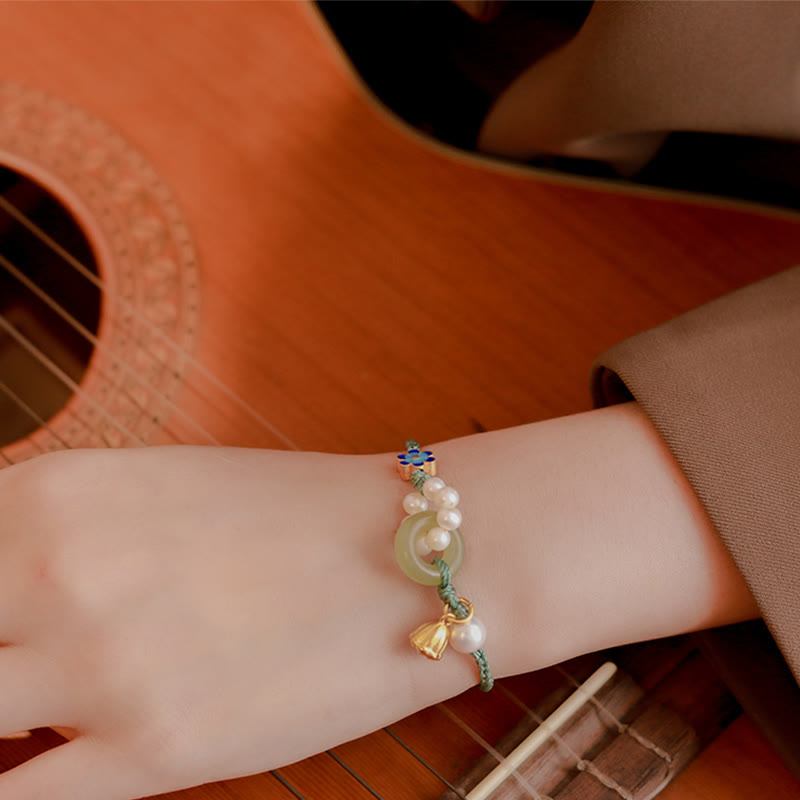 Wear FengShui Natural Hetian Jade Peace Buckle Pearl Luck Handcrafted Braided Bracelet