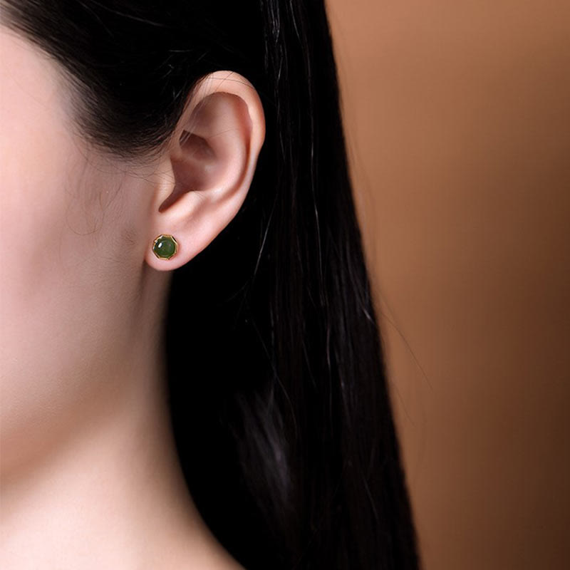 Wear FengShui 925 Sterling Silver Plated Gold Natural Hetian Cyan Jade Bead Luck Stud Earrings